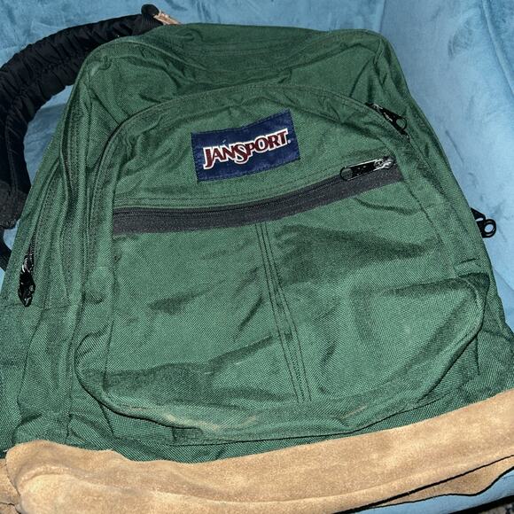 Vtg 90s JANSPORT USA -MADE Green LEATHER-BOTTOM HIKE BACKPACK Travel School Bag - Picture 3 of 7